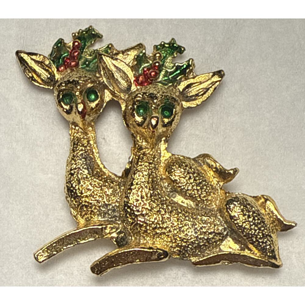 Vintage Gold Tone Christmas Reindeer Brooch PB146